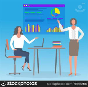 Women and business graphic, statistics and analysis vector. Businesswomen team, work optimization and infographics, financial report presentation. Analyzing business data, chart or graph illustration. Business Graphics and Businesswomen, Statistics