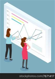 Women and business graphic, statistics and analysis vector. Businesswomen team, optimization and success growth, financial report presentation. Analyzing business data, chart or graph illustration. Businesswomen Analyzing Business Graphic or Chart