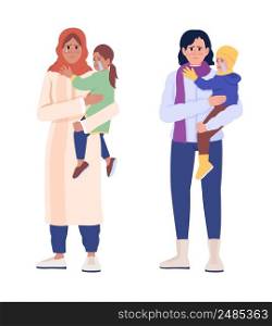 Women and children suffering in war semi flat color vector characters set. Crying figures. Full body people on white. Simple cartoon style illustration collection for web graphic design and animation. Women and children suffering in war semi flat color vector characters set
