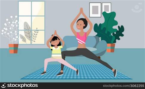 Women and girls doing meditation with yoga exercises. In a quiet room. Stay at home. An awareness campaign for coronavirus prevention. Avoid to the Outside house., Fight Against Covid-19