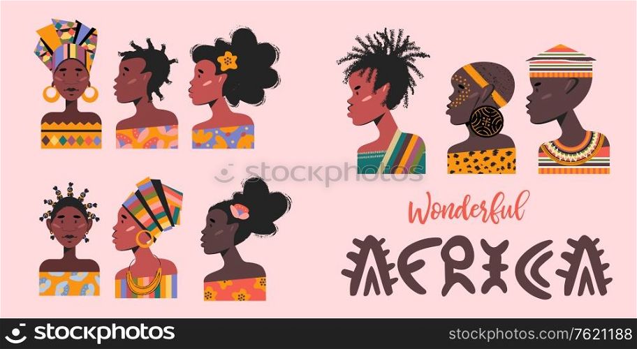 Women and man are Africans. Set of portraits of Africans. Vector illustration.