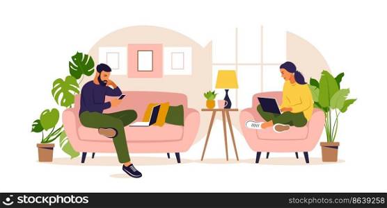 Women and man sitting in a sofa and working online at home. Freelance, online education or social media concept. Vector illustration isolated on white. Flat style.