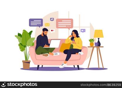 Women and man sitting in a sofa and working online at home. Freelance, online education or social media concept. Vector illustration.