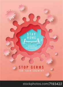 Women, and men are at home to prevent the spread of germs. coronavirus covid-19, art paper cutting style for advertisement, vector illustration and design.
