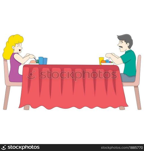 women and men are enjoying dinner serving dinner. vector design illustration art