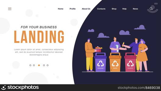 Women and men distributing waste in dustbins flat vector illustration. People sorting paper, plastic, glass and organic rubbish in colored dumpsters. Environment, garbage separation, recycle concept