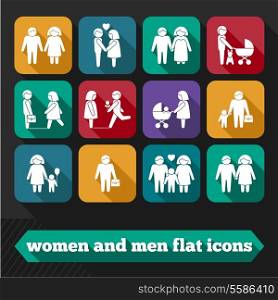 Women and men family flat icons set of dating couple marriage baby isolated vector illustration
