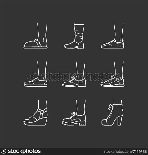 Women and men shoes chalk icons set. Female summer and autumn elegant footwear. Wedges, loafers and trainers. Fashionable winter and fall season unisex boots. Isolated vector chalkboard illustrations