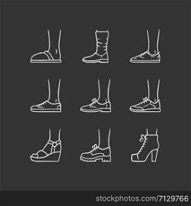Women and men shoes chalk icons set. Female summer and autumn elegant footwear. Wedges, loafers and trainers. Fashionable winter and fall season unisex boots. Isolated vector chalkboard illustrations