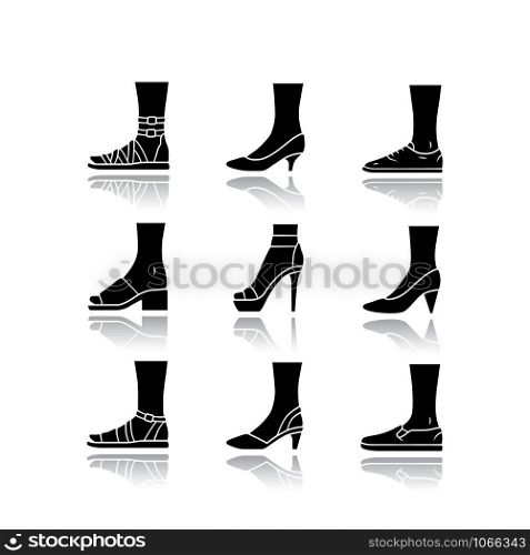 Women and men shoes drop shadow black glyph icons set. Female summer and autumn elegant footwear. Sandals, pumps and trainers. Fashionable high heels. Isolated vector illustrations