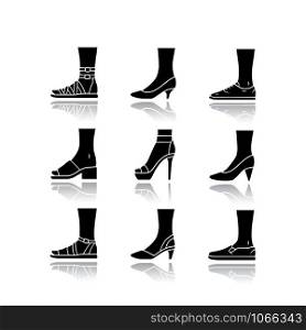 Women and men shoes drop shadow black glyph icons set. Female summer and autumn elegant footwear. Sandals, pumps and trainers. Fashionable high heels. Isolated vector illustrations