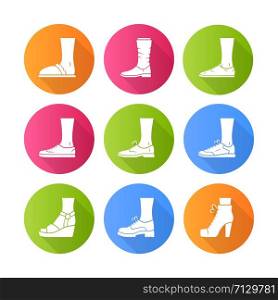 Women and men shoes flat design long shadow glyph icons set. Female summer and autumn elegant footwear. Wedges, loafers and trainers. Winter and fall unisex boots. Vector silhouette illustrations