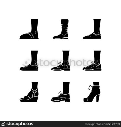 Women and men shoes glyph icons set. Female summer and autumn elegant footwear. Wedges, loafers and trainers. Winter and fall unisex boots. Silhouette symbols. Vector isolated illustration