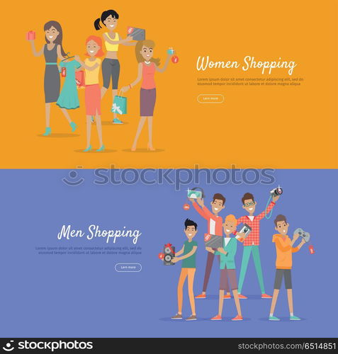 Women and Men Shopping Banners Accessoires on Sale. Women and men shopping banners. Woman with dresses, perfumes, accessoires, tablets and jewelry. Man buys gadgets, virtual reality glasses, camera, joystick, torch. Vector in flat style