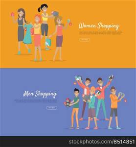 Women and Men Shopping Banners Accessoires on Sale. Women and men shopping banners. Woman with dresses, perfumes, accessoires, tablets and jewelry. Man buys gadgets, virtual reality glasses, camera, joystick, torch. Vector in flat style