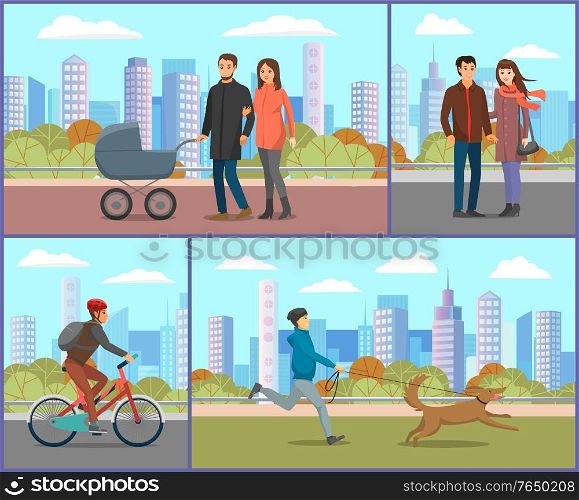 Women and men walking in city park in autumn. Cold fall so people in coats. Happy couple and parents with baby stroller smiling. Man riding bicycle and person with pet on leash. Vector illustration. People in Coats Walking in City Park in Autumn