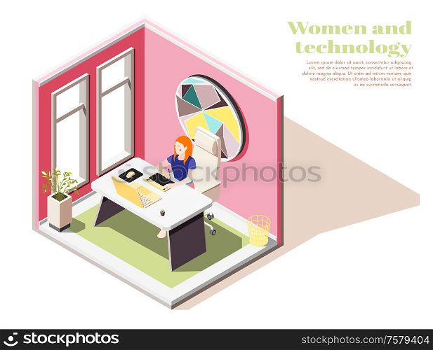Women and technology isometric composition with young girl at workplace in office interior vector illustration