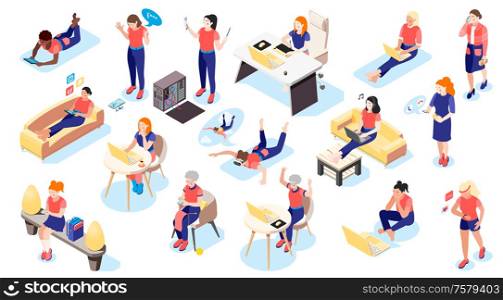Women and technology isometric icons set of female characters with smartphones and other gadgets isolated vector illustration