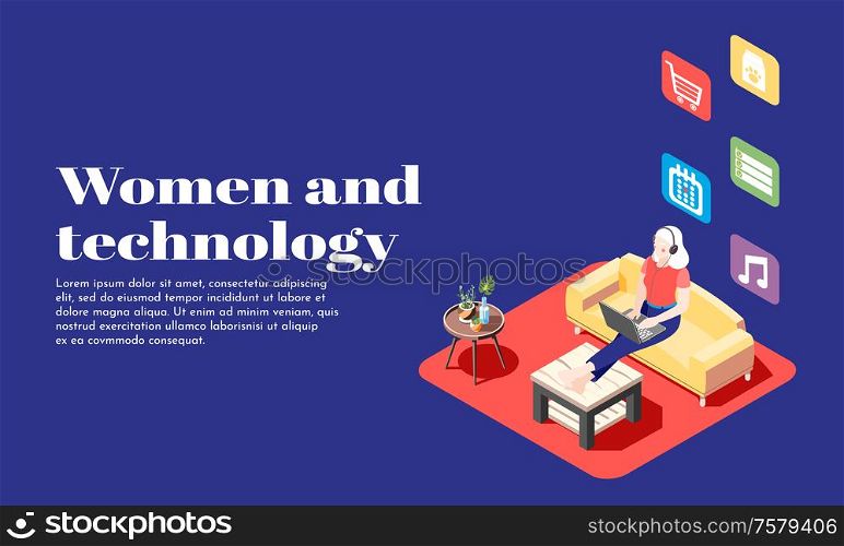 Women and technology isometric poster with young girl in headphones sitting on sofa with laptop vector illustration