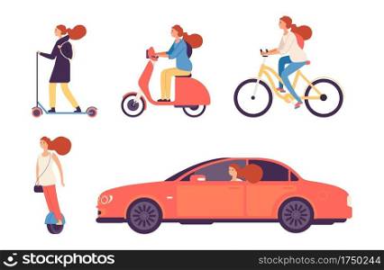 Women and transport. Girl bicycle and scooter, in car. Isolated female driving and riding vector set. Urban rider, trip driving female illustration. Women and transport. Girl bicycle and scooter, in car. Isolated female driving and riding vector set