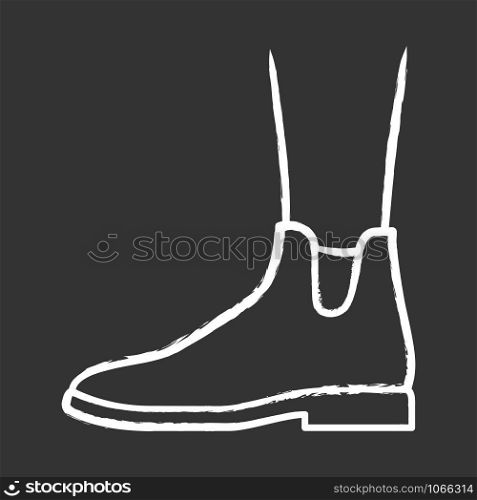 Women ankle boots chalk icon. Chelsea trendy shoes side view. Female flat heel footwear design for fall and spring season. Apparel, ladies clothing accessory. Isolated vector chalkboard illustration