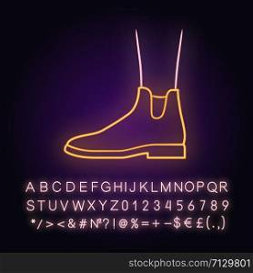 Women ankle boots neon light icon. Chelsea trendy shoes side view. Female flat heel footwear design for fall. Glowing sign with alphabet, numbers and symbols. Vector isolated illustration