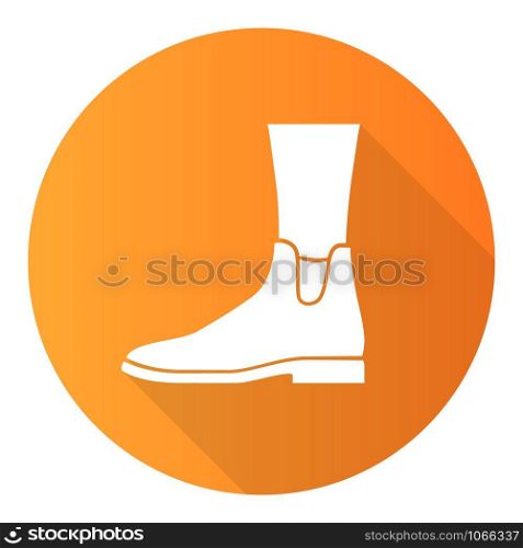 Women ankle boots orange flat design long shadow glyph icon. Chelsea trendy shoes side view. Female flat heel footwear for fall season. Ladies clothing accessory. Vector silhouette illustration