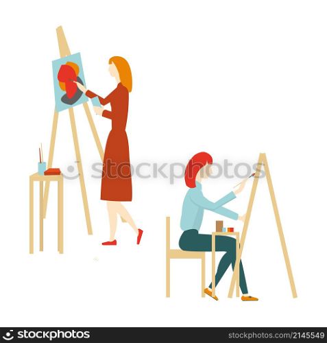 Women are painting on easel. Art school, creativity and people concept. Vector illustration
