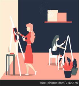 Women are painting on easel. Art school, creativity and people concept. Vector illustration