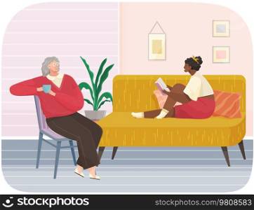Women are talking together. Grandmother and granddaughter communicating, having conversation at home. Female characters relaxing and spending time together. Girl reads book, elderly woman drinks tea. Grandmother and granddaughter communicating, at spending time together at home with book and tea