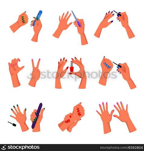 Women arms with colorful manicured nails set. Arms hold nail varnish bottle, files, brushes and manicure demonstration gesture isolated on white background. Salon beauty service vector illustration.. Manicured Women Nails Isolated Illustrations Set