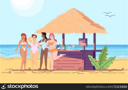 Women at beach bar flat doodle illustration. Female friends by sea. Cocktail party at seaside. Vacation in exotic country. Indonesia tourism 2D cartoon character with outline for commercial use