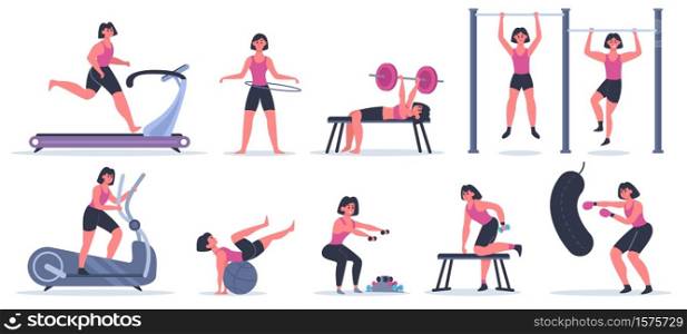Women at gym. Female sport fitness character, workout girl run, pull up and squat, training exercise at sport gym vector illustration set. Woman exercise training, athletic female with dumbbell. Women at gym. Female sport fitness character, workout girl run, pull up and squat, training exercise at sport gym vector illustration set