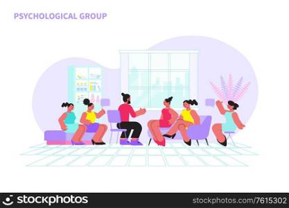Women at psychological group interview with male psychologist flat vector illustration