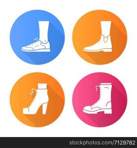 Women autumn shoes flat design long shadow glyph icons set. Female formal and casual footwear. Stylish unisex trainers, lita. Spring, winter and fall season ankle boots. Vector silhouette illustration