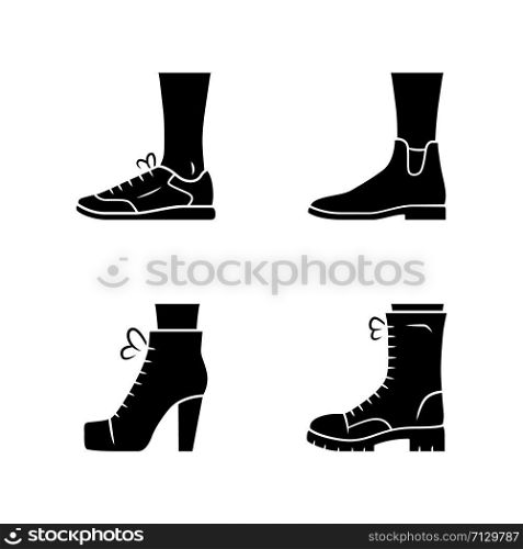 Women autumn shoes glyph icons set. Female formal and casual footwear. Stylish unisex trainers, lita. Spring, winter and fall season ankle boots. Silhouette symbols. Vector isolated illustration