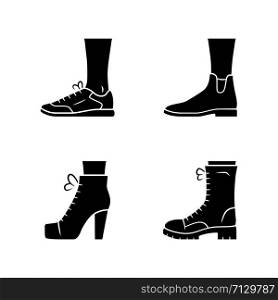 Women autumn shoes glyph icons set. Female formal and casual footwear. Stylish unisex trainers, lita. Spring, winter and fall season ankle boots. Silhouette symbols. Vector isolated illustration