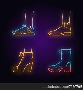Women autumn shoes neon light icons set. Female formal and casual footwear. Stylish unisex trainers, lita. Fashionable spring, winter boots. Glowing signs. Vector isolated illustrations