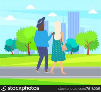 Women back view walking in city park, trees and grass, summertime. Vector buildings and people on walk, girl with sack and in hat, best friends spend time together. Women Back View Walking in City Park, Trees Grass