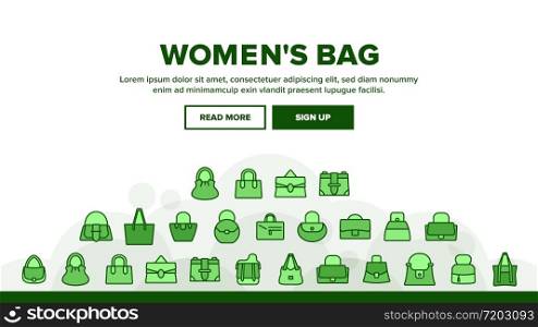 Women Bag Accessory Landing Web Page Header Banner Template Vector. Fashion Women Bag Baguette And Bucket, Duffel And Hobo, Saddle And Shopper Illustrations. Women Bag Accessory Landing Header Vector