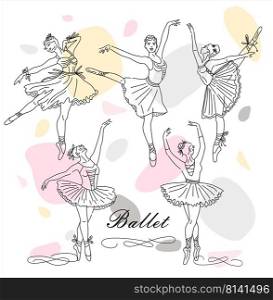 Women ballet dancer of continuous line drawing in pink color.. Women ballet dancer set of continuous line drawing in pink color. Dancing girls and figures