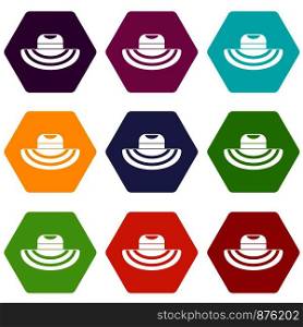 Women beach hat icon set many color hexahedron isolated on white vector illustration. Women beach hat icon set color hexahedron