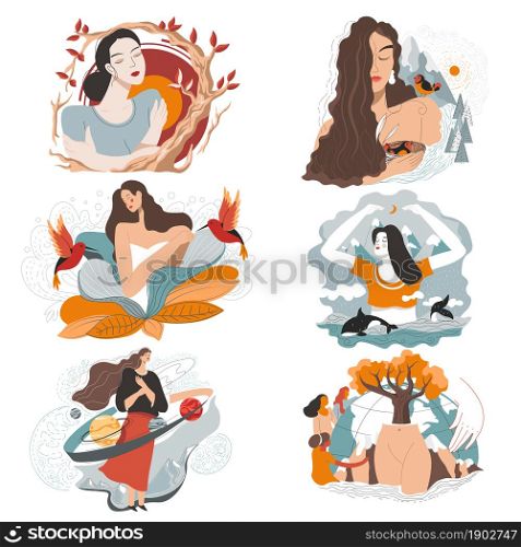 Women beauty and nature unity, characters interacting with natural resources, flora and fauna. Cosmos and oceans, seasons and planets. Peaceful ladies with flowers and birds. Vector in flat style. Power of woman, mother nature symbolic character