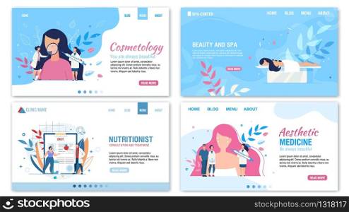 Women Beauty and Proper Nutrition Services Flat Landing Page Set. Cosmetology and Aesthetic Medicine. Personal Nutritionist Consultation and Treatment. Spa Salon. Vector Cartoon Illustration. Beauty Proper Nutrition Services Landing Page Set