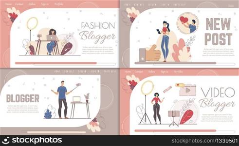 Women Beauty, Fashion and Style Blogger, IT Industry Vlogger, Social Media Author Web Banner, Landing Page Templates Set. Blogging, Streaming Online Live Video People Trendy Flat Vector Illustration