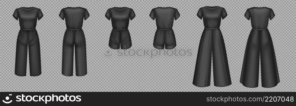 Women black jumpsuits mockup in front and back view. Vector 3d template of blank female overalls with pants or shorts and t-shirt. Realistic girls clothes isolated on transparent background. Women black jumpsuits template
