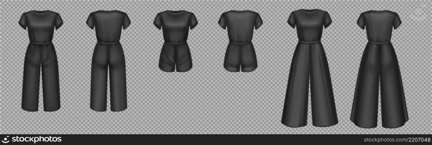 Women black jumpsuits mockup in front and back view. Vector 3d template of blank female overalls with pants or shorts and t-shirt. Realistic girls clothes isolated on transparent background. Women black jumpsuits template