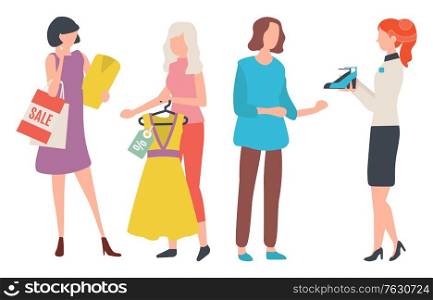 Women buying clothes and footwear, female holding dress and package. Person choosing high heels, season sale old collection, people in store, retail. Vector illustration in flat cartoon style. Clothes and Footwear, Woman Shopping, Buy Vector