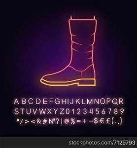 Women calf boots neon light icon. Leather shoes side view. Female flat heel footwear design for fall, spring and winter. Glowing sign with alphabet, numbers and symbols. Vector isolated illustration