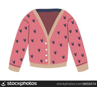 Women cardigan with hearts print, isolated stylish and fashionable apparel for cold season. Winter knitwear and outfit addition, accessories and fashion clothing for ladies. Vector in flat style. Stylish women cardigan or sweaters for winter
